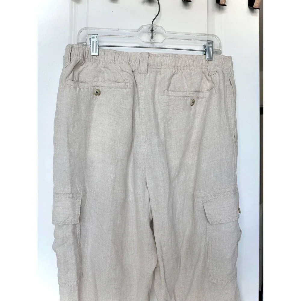Caribbean Mens 100% Linen Cargo Pants 38x30 Beige Oatmeal Elastic Waist Relaxed
